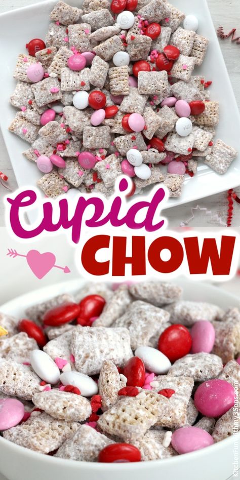 This Valentine Puppy Chow recipe is perfect for Valentine's Day because it's packed with pink and red M&M's and lots of sprinkles. #recipes Cupid Crunch Recipe Snack Mixes, Valentines Day Muddy Buddy Recipe, Valentines Muddy Buddy Puppy Chow, Fun Valentines Food For Kids, Valentine’s Day Snack Mix For Kids, Valentine Food Gifts Ideas, Valentine Treats For School Party, Valentine Chex Mix Recipes Puppy Chow, Chex Mix Valentines Day