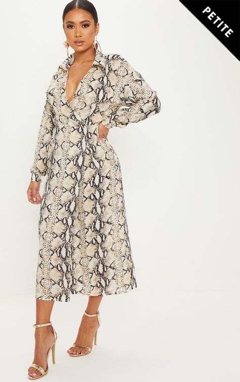 Petite Taupe Snake Print Wrap Midi Dress Pu Leggings, Petite Midi Dress, Dress For Petite Women, Cable Knit Dress, Petite Maxi Dress, Strappy Midi Dress, Fool Proof, Wrap Midi Dress, Printed Wrap Dresses