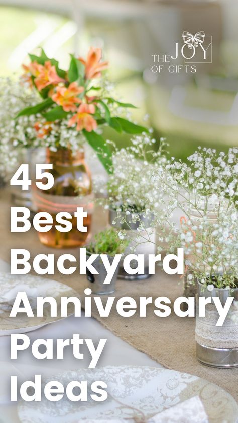 Get inspired with these brilliant backyard anniversary party ideas from The Joy of Gifts! You'll see great tips for anniversary party themes, decorations, food, and entertainment! Make your celebration a success with these simple backyard anniversary party ideas. Friends Anniversary Party, Outdoor Anniversary Decorations, 20 Anniversary Party Ideas, Anniversary Garden Party Ideas, 1 Year Wedding Anniversary Party Ideas, One Year Anniversary Party Ideas, 10 Anniversary Party Ideas, 40th Anniversary Celebration Ideas, Outside Anniversary Party Ideas