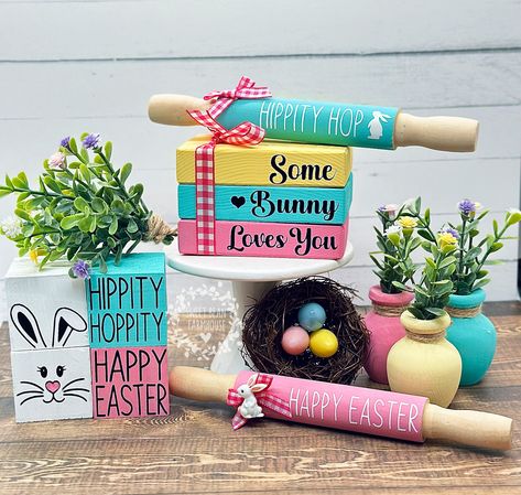 Easter Tiered Tray Decor Book Stack Pastel Easter Bunny Decorations Bookstack Spring Mini Rolling Pin Birds Nest Eggs Flower Floral Greenery by SweetBeanFarmhouse on Etsy Easter Tiered Tray Decor Diy, Easter Blocks, Oster Dekor, Decor For Easter, Bunny Decorations, Easter Tiered Tray, Easter Home Decor, Eggs Flowers, Pastel Easter