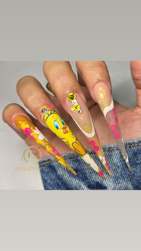 #tweetybird Tweet Nail Art, Tweety Bird Nails, Tweety Bird Nail Art, Tweety Nails, Tweety Bird Nails Acrylic, Tweety Nail Art, Tweety Bird Nail Design, Long Acrylic Nails Cartoon, Xl Long Acrylic Nails Butterfly