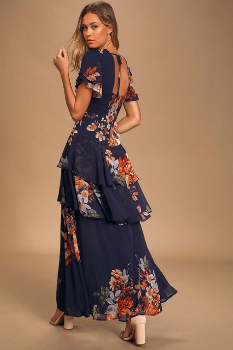 f337d999d9ad116a7b4f3d409fcc6480desc34174302ri Navy Blue Short Dress, Exposure Therapy, Blue Floral Print, Tiered Maxi Dress, Sequin Mini Dress, Mother Of The Bride Dresses, Covered Buttons, Floral Maxi Dress, Floral Print Dress