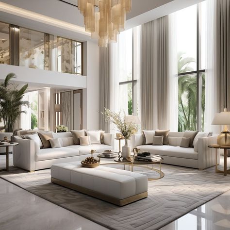 White interior design elements in this living room reflect a modern simplicity that’s effortlessly chic. Formal Living Room Designs, Fancy Living Rooms, High Ceiling Living Room, Classy Bedroom, Living Room Ceiling, White Living, Design Living Room, Formal Living Rooms, Interior Design Tips