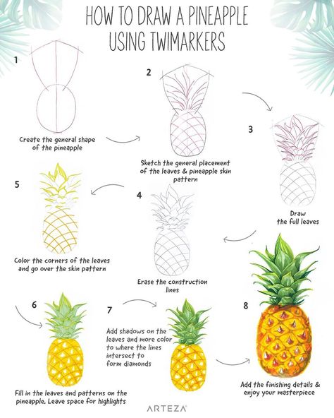 Pineapple Sketch, Pineapple Drawing, Pineapple Painting, Pineapple Illustration, Color Wheel Art, Diy Pineapple, Action Poses Drawing, Pencil Drawings For Beginners, Watercolor Pineapple