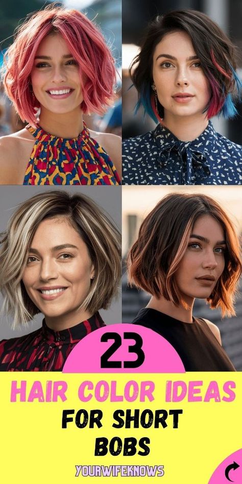 Discover 23 hair color ideas that will make your short bob the envy of 2024! These trendy looks range from subtle highlights to bold balayage and everything in between. Whether you're looking for a summer-ready blonde or a deep, rich brunette, these styles are sure to impress. Try a layered bob with light brown tones or add some drama with a dark under color. These ideas are perfect for refreshing your short bob and staying on trend this year! Bob Hair Color Ideas Fun, Subtle Fun Colors In Hair, Fall 2024 Short Hair Color, Fall Hair Colors On Short Hair, Fall Blonde Hair Color Short Bob, Fall Bob Hairstyles Cut And Color, Fall Hair Color Ideas For Short Hair, Fall Short Hair Color For Brunettes, Short Hair With Color Ideas