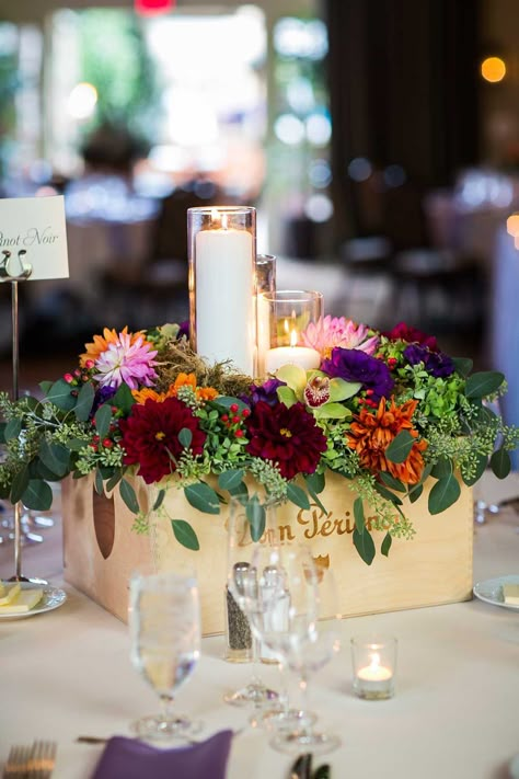 wedding centerpieces, winery, flowers, candles, greenery, A Monique Affair, California Plant Centerpieces, Winery Event, Rehearsal Dinner Ideas, Box Flowers, Wine Boxes, Wine Event, Wine Dinner, Wine Crate, Theme Nature