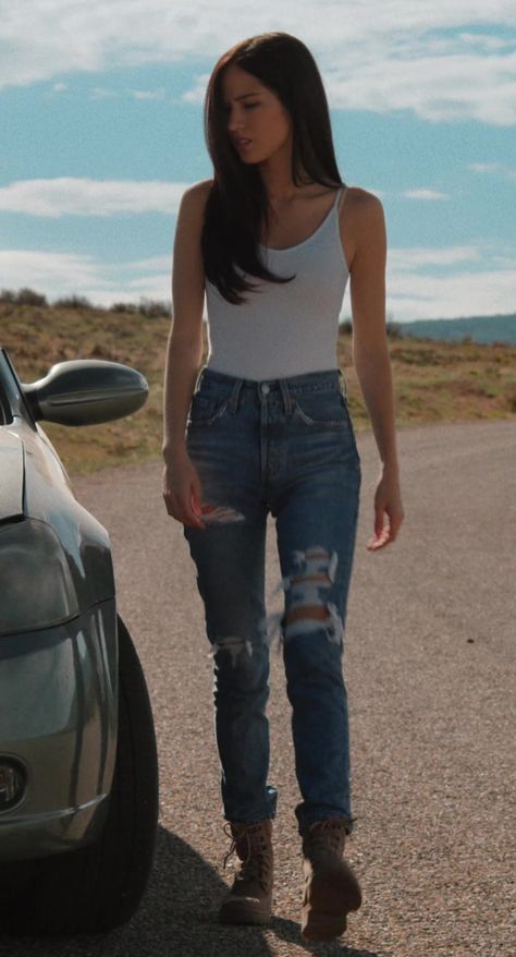 Blue Distressed Skinny Jeans of Kelsey Asbille as Monica Long Dutton in Yellowstone Monica Long Yellowstone Outfits, Monica Long Yellowstone, Monica Dutton Outfits, Monica Yellowstone, Kelsey Asbille Yellowstone, Kelsey Asbille, Yellowstone Outfits, Dusty Pink Bridesmaid Dresses, Purple Long Sleeve Dress