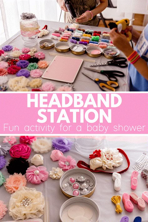 Baby shower activities that are not games. A great alternative for things to do at a baby shower. Includes a headband making station, onesie making Station, advice cards for new moms and more! Headband Making Station, Headband Station, Creative Baby Shower, Sprinkle Baby Shower, Baby Shower Invitaciones, Cool Baby, Baby Shower Inspiration, Shower Bebe, Baby Shower Activities