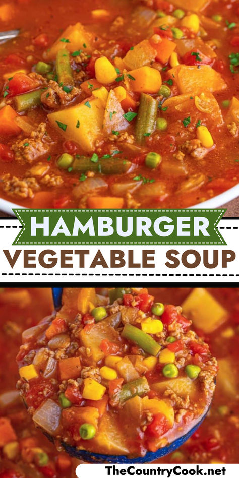 Hamburger Vegetable Soup is a hearty, comforting soup made with pantry staples, frozen veggies and ground beef- ready in less than an hour! Taste Of Home Vegetable Soup, Vegetable Soup With Ground Beef Instapot, Vegetable Ground Turkey Soup, Quick And Easy Instapot Recipes, Quick And Easy Veggie Soup, Frozen Veggie Soup Recipes, Slow Cook Vegetable Soup, Hamburger Soups And Stews, Hobo Stew Ground Beef