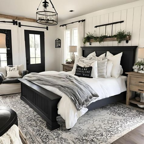 Farmhouse Bedroom Ideas for a Stylish Makeover Bedroom Ideas For Farmhouse, Guest Room Modern Farmhouse, Black Farmhouse Furniture Bedroom, White And Black Farmhouse Bedroom, Bedroom Design Master Modern Farmhouse Style, Bedroom Decor For Black Furniture, Modern Farmhouse Bedroom Master Suite Black And White, Guest Room With Black Furniture, Black Bed Frame Neutral Bedroom