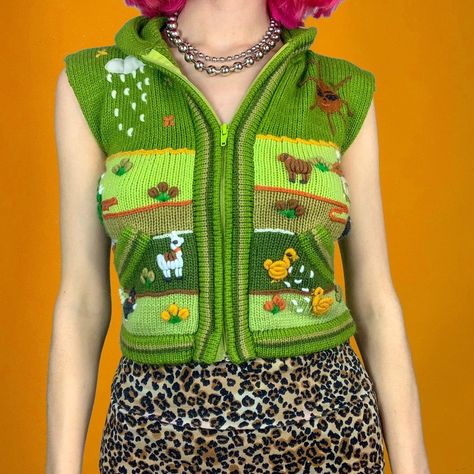 Thrifting Manifestation, Toothpaste Kisses, Grunge Fairycore Aesthetic, Bug Juice, Save Outfits, Animal Sweater, Green Knit Sweater, Knit Sweater Vest, Knitting Accessories