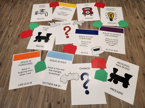 Vbs Monopoly Cards, Monopoly Decorations Diy, Monopoly Party Decorations Diy, Monopoly Room Decor, Twist And Turns Vbs Games, Monopoly Door Decorations, Bible Monopoly, Monopoly Bulletin Board, Board Game Vbs Crafts