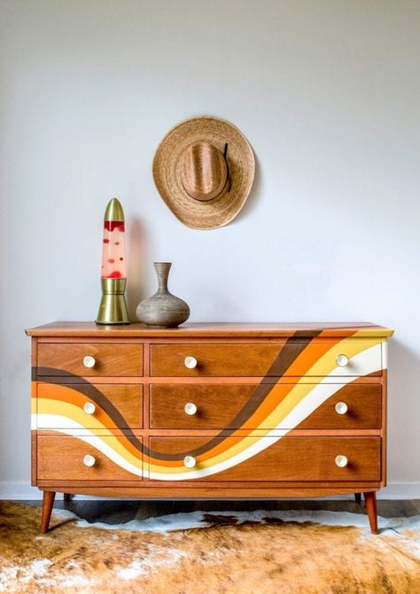 70s Dresser Painted, Two Color Dresser Makeover, 70s Furniture Dressers, Eclectic Dresser Makeover, 70s Bedroom Furniture Makeover, Diy 70s Furniture, Retro Painted Dresser, 70s Painted Furniture, Fun Painted Dresser