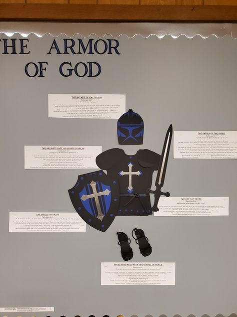 Religious Bulletin Boards, Church Bulletin Board Ideas, Christian Bulletin Boards, School Assembly, Helmet Of Salvation, Prayer Room Ideas, Songs For Children, Church Bulletin Boards, Church Bulletin