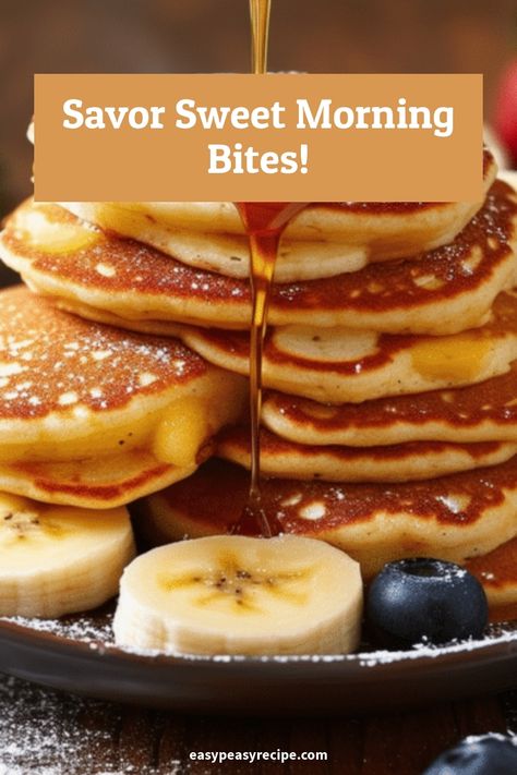 A stack of fluffy banana pancake bites topped with syrup and accompanied by banana slices and blueberries. Banana Pancake Bites, School Cookies Recipe, Pancake Bites Recipe, Air Fryer Banana, Fried Snacks, Healthy Breakfast Snacks, Easy Zucchini Recipes, Banana Pancake, Pancake Bites