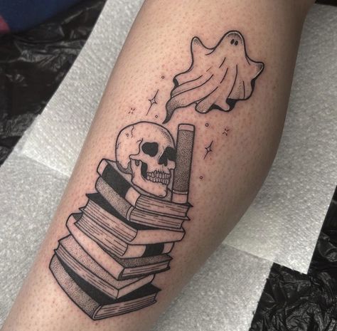 Skeleton Holding Book Tattoo, Stacked Book Tattoo, Spooky Elbow Tattoo, Spooky Book Tattoo, Dark Romance Book Tattoo Ideas, Bookcase Tattoo, Ghost Reading A Book Tattoo, Spell Book Tattoo, Book Stack Tattoo