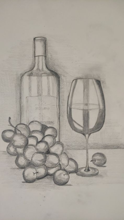 Basic Still Life Drawing, 3 Objects Drawing, Still Life Drawing For Beginners Easy, Easy Still Life Drawing, Grape Drawing, Still Life Sketch, Fruit Art Drawings, Shading Drawing, Ladybug Art