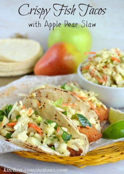 Crispy Fish Tacos with Apple Pear Slaw - Kitchen Concoctions Pear Slaw, Granny Smith Apples Recipes, Crispy Fish Tacos, Mahi Mahi Fish Tacos, Pineapple Mango Salsa, Mahi Tacos, Slaw For Fish Tacos, Tacos With Pineapple, Mahi Mahi Tacos