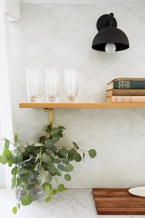 White Scalloped Kitchen Backsplash Tiles - Transitional - Kitchen Scallop Tile Backsplash, Scallop Tile, Cement Tile Backsplash, Scallop Tiles, Concrete Collaborative, Patterned Wall Tiles, Black Sconces, Shower Wall Tile, Marble Wall Tiles