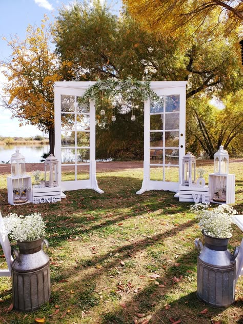 Wedding Arch With Doors Ideas, French Doors Wedding, French Door Wedding Decor, French Door Arch, Double Door Wedding Arch, French Door Wedding Entrance, Wedding Arches Indoor, French Door Backdrop, Rustic Wedding Arch Ideas