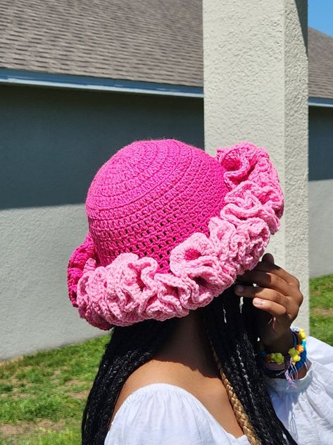 Ombre Pink Crochet Bucket Hat With Ruffles - Etsy Ruffle Hats Crochet, Crochet Hat With Ruffles, Ruffled Crochet Hat, Crochet Projects Hats, Cute Crochet Items, Pink Crochet Bucket Hat, Crotched Hat, Ruffle Hat Crochet, Ruffle Bucket Hat Crochet