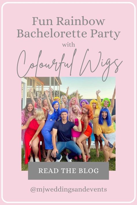 What's more fun than a bachelorette party? A rainbow-themed bachelorette party with colourful wigs! Imagine a burst of colours, laughter, and memories that last a lifetime. Say bye-bye to monotony and hello to a kaleidoscope of hues! You'll love the sassy, vibrant wigs that Hannah and friends sported at her bash. Stay tuned for some awesome hen's party ideas, and get ready to taste the rainbow! 🦄 Rainbow Bachelorette Party, Rainbow Bachelorette, Colourful Wigs, Alex Perry Dress, Hen Ideas, Themed Bachelorette, Rainbow Sign, Rainbow Wig, Wig Party