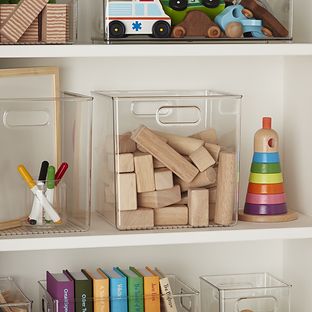 Linus Cube Bins with Handles Clear Storage Bins, Clear Bins, Cube Storage Bins, Toy Storage Baskets, Toy Storage Organization, The Home Edit, Plastic Storage Bins, The Container Store, Plastic Bins