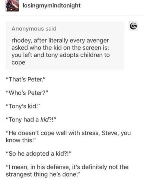 Avenger Family, Irondad And Spiderson, Superfamily Avengers, Marvel Headcanon, Funny Marvel Memes, Dc Movies, Avengers Memes, Marvel Jokes, Avengers Funny