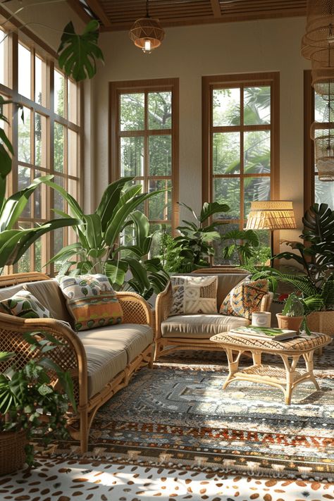 Retro Sunroom, Boho Conservatory, Luxury Sunroom, Indoor Sunroom Furniture Ideas, Indoor Sunroom Furniture, Indoor Sunroom Ideas, Plant Sunroom, Green Sunroom, Boho Sunroom Ideas