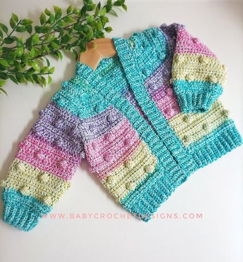 Free crochet pattern for baby skyler cardigan — Baby Crochet Designs Crochet Bobble Cardigan, Crochet Cardigan For Kids, Double Crochet Cardigan, Crochet Baby Cardigan Free Pattern, Jaket Crochet, Bra Diy, Crochet Uk, Crochet Baby Sweater Pattern, Crochet Baby Jacket