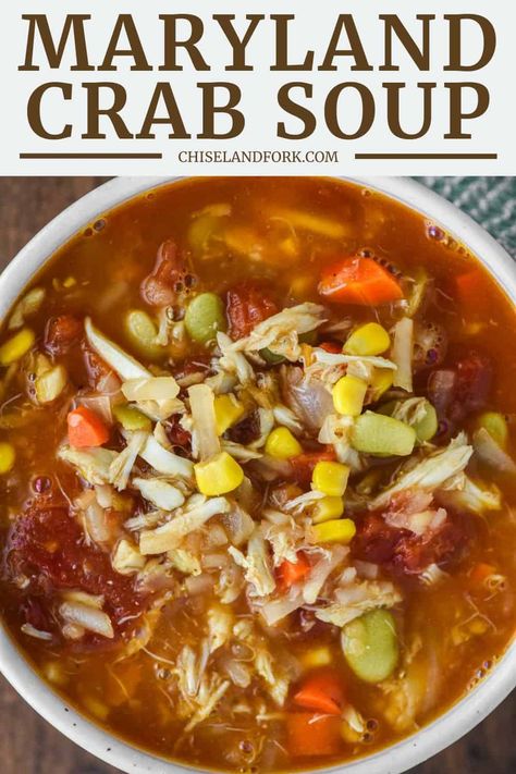 Indulge in the comforting Maryland crab soup, a rich and flavorful seafood classic, brimming with succulent crab meat and vegetables. #marylandcrabsoup #crabsoup #soup | chiselandfork.com Seafood Chili Recipe, Cream Of Crab Soup Recipe, Maryland Crab Soup, Crab Soup Recipes, Lobster Soup, Crab Chowder, She Crab Soup, Maryland Crabs, Meat And Vegetables