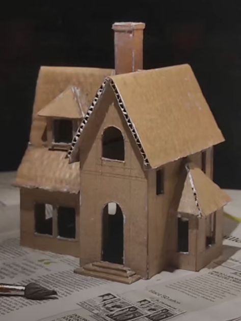 Cardboard Box Houses, Cardboard Cat House, Fairy House Crafts, Cardboard Crafts Diy, Fairy House Diy, Christmas Village Houses, Doll House Crafts, Putz Houses, Cardboard House