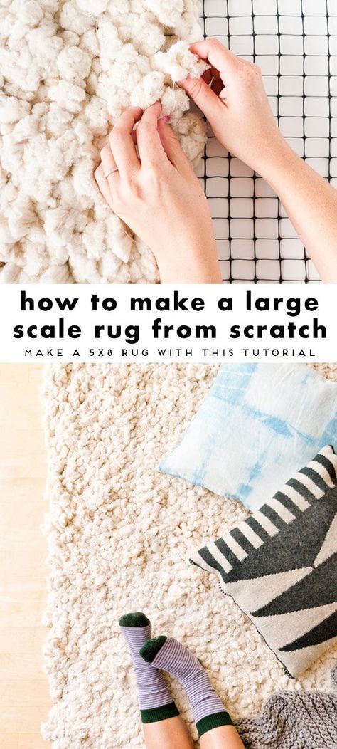 This DIY rug is so cozy and cool! Learn how to make a rug from scratch (large or small - create any size you want). Click through for the easy to follow photo and video tutorial. You'll only need a few items to make your own. #diy #rug #cozy #diyrug #weekendproject #cottonrug #housewares #homedecor Make A Rug, Rag Rug Diy, Homemade Rugs, Braided Rug Diy, Diy Outdoor Lighting, Rug Tutorial, Rainbow Rug, Dekor Diy, Work Diy