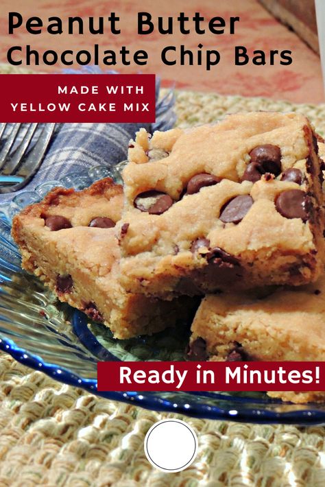 Peanut Butter Cake Mix Bars, Peanut Butter Cake Bars, Bars Recipes Easy Cake Mixes, Chocolate And Peanut Butter Chip Cookies, Yellow Cake Mix Bars Recipes, What To Make With Yellow Cake Mix Boxes, Peanut Butter Chocolate Chip Cookie Bars, Butter Golden Cake Mix Recipes, Peanut Butter Chocolate Chip Bars