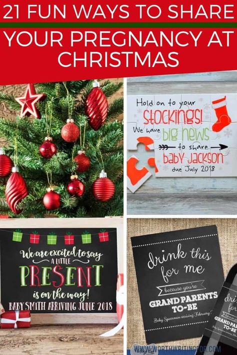 21 fun ways to announce your pregnancy at Christmas! These holiday pregnancy reveal gifts, cards, shirts, and photo ideas are exactly what you need for a Christmas pregnancy reveal to family and friends that they won’t forget! #Christmaspregnancy #pregnancyannouncement #holidaypregnancy #pregnancyreveal Christmas Pregnancy Announcement Photos, Christmas Pregnancy Announcement Ideas, Pregnancy Reveal To Family, Christmas Card Pregnancy Announcement, Pregnancy Annoucements, Pregnancy Prep, Holiday Pregnancy Announcement, Christmas Pregnancy Reveal, Announcing Pregnancy