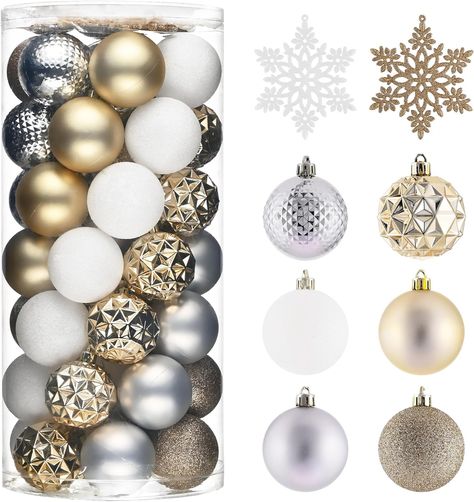 Amazon.com: Valery Madelyn Christmas Tree Decorations Ornament Set for Fall Halloween Decor, 50ct White and Gold Shatterproof Christmas Ball Ornaments Bulk, 2.36 Inches Hanging Decor for Xmas Holiday Party : Home & Kitchen Christmas Decor Shop, Merry Christmas Decor, Have A Merry Christmas, Holiday Photoshoot, Christmas Balls Decorations, Christmas Ball Ornaments, Gold Christmas Decorations, Christmas Inflatables, Photoshoot Props