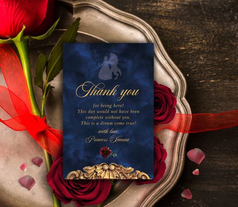 "Digital Download Beauty and the Beast Thank You Card 4 x 6\"\" Text, red rose, gold details and silhouette is fully editable, so you can personalise and print your own cards. Single Sided File Custom made by Gorgeous Downloads ➥ HOW IT WORKS Step 1: Purchase the Listing Step 2: Check your Etsy registered e-mail for the link from Templett Step 3: Edit, Save, Download and Print as much and as often as you like! Once purchased, you will receive an email from Templett.com (normally within 2 hours) where you can access your design. Also check your junk mail just in case. The template will be easier to edit on a Computer, Mac or Laptop due to screen sizes. It will always be available to you, so you can come back at any time and continue editing. ➥ MATCHING DESIGNS https://www.etsy.com/uk/shop/G Beauty And Beast Themed Wedding, Beauty And The Beast Quinceanera, Beauty And Beast Wedding, Junk Mail, Sweet 15, Picture Gifts, Launch Event, 15th Birthday, Business Stationery