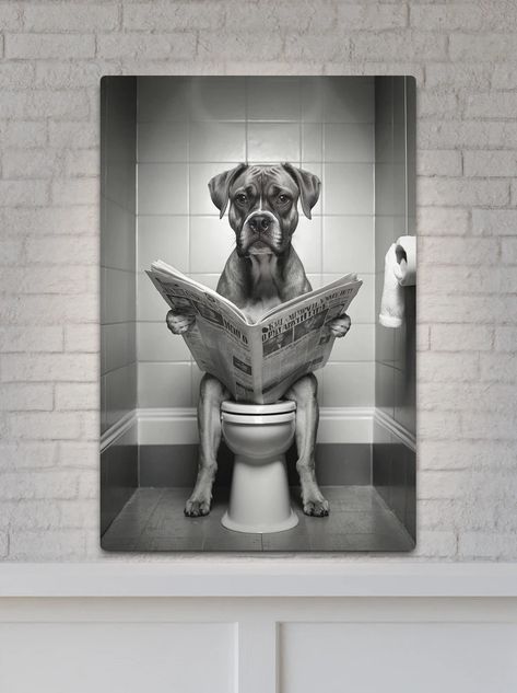 "Funny Boxer Dog on Toilet Reading Newspaper | Quirky Animal Humor Art" Metal Print for Sale by vk09 | Redbubble Blue Eyed Dog, Dog Reading, Boxer Dogs Funny, Reading Newspaper, Funny Boxer, Animal Humor, Corporate Office Decor, Foyer Decor, Game Room Decor