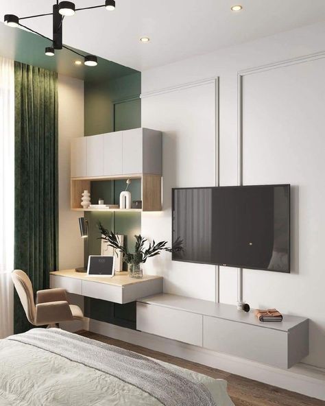 Bedroom Tv Cabinet, Tv Desk, Desk Wall Unit, Tv Unit Bedroom, Home Study Rooms, Desk Units, Beige Room, Tv Unit Furniture Design, Bedroom Door Design