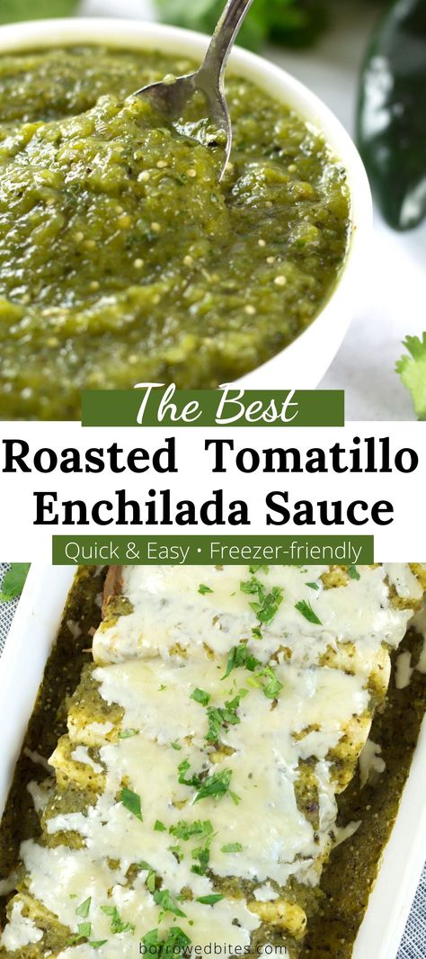 Homemade Green Enchilada Sauce is way better than store-bought and super easy to make. Start by charring the vegetables in the oven, then blend together with herbs and spices for that fresh Mexican flavor. Make several batches at once and pop some in the freezer so you always have this verde enchilada sauce on hand for a quick dinner! #mexicanfood #enchiladas #enchiladasauce #homemadeenchiladasauce #greenenchiladasauce #tomatillos Red Sauce Recipes, Cheese Enchiladas With Red Sauce, Tomatillo Enchiladas, Tomatillo Enchilada Sauce, Tomatillo Recipes, Red Sauce Recipe, Roasted Tomatillo, Tomatillo Sauce, Recipes With Enchilada Sauce