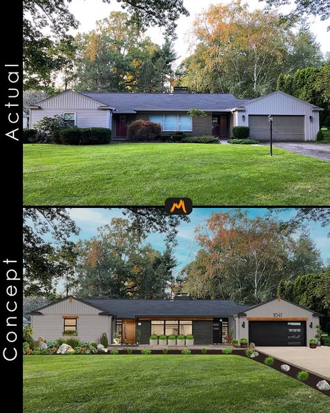 Before and after Mid-Century Modern Ranch Renovation Concept Before And After Home Exterior Modern, Mid Century Ranch Landscaping, Mid Century Modern Exterior Before And After, Mid Century Modern Ranch Exterior Remodel, Mid Century Renovation Before And After, Mid Century Renovation Exterior, Midcentury Modern Ranch House, Mid Century Modern Ranch House Exterior, Modern Ranch Renovation