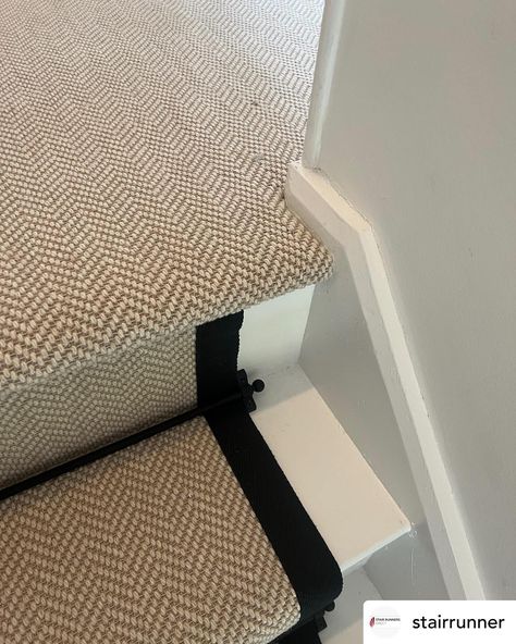 Definitely one of our best sellers! Fibre Flooring Chalk herringbone with black border @fibreflooring @jaspa_binding_tapes stair runner and landing carpet. Black jubilee stair rods @stairrods_uk #stairs #stairrunner #carpet #stairrods #stairrunners Herringbone Carpet Stairs And Landing, Fibre Flooring, Landing Carpet, Bullnose Carpet Stair Treads, Herringbone Carpet, Black Stairs, Virginia House, Stair Rods, Carpet Stair Treads