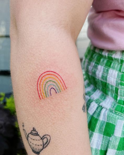 handpoked rainbow 🌈 so in love with this and would absolutely loooove to do more colourful rainbows!!! and cute colourful pieces in general 🥰 swipe along for of colour tattoo ideas! use the link on my page or message me to book yours :) #rainbowtattoo #handpokedtattoo #stickandpoke #cutetattoo #smalltattoo #colourtattoo #essextattoo #suffolktattoo #hertfordshiretattoo #handpoke Boho Rainbow Tattoo, Black Rainbow Tattoo, Rainbow Tattoo, Pride Tattoo, Colour Tattoo, Tattoos Inspo, Rainbow Tattoos, Stick N Poke, Hand Poked Tattoo