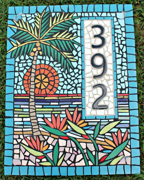 Mosaiac House Numbers, Ceramic Tile Mosaics, Palm Tree Mosaics, flowers mosaics, Bird of Paradise Mosaics, This piece lives on a house in Port Aransas. Mosaic House Numbers, Tree Mosaic, Mosaic Furniture, Custom House Numbers, Mosaic Stained, Mosaic House, Custom Mosaic, Mosaic Mirror, Tropical Bird