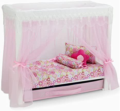 Emily Rose 18 Inch Doll Furniture | 18" Doll Canopy Single Bed with Doll Clothes Storage Drawer | Doll Bed Includes a 5 Piece Colorful Bedding | Fits 18" American Girl Dolls : Toys & Games Doll Clothes Storage, Doll Bed Diy, Doll Bunk Beds, Colorful Bedding Sets, American Girl Doll Bed, Baby Doll Bed, American Girl Doll Furniture, Colorful Bedding, Cute Bedding