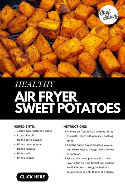 Save this Crispy Healthy Air Fryer Sweet Potatoes Recipe! Air Fryer Sweet Potatoes are a delicious healthy alternative to traditional fried potatoes. Tossed in bold spices and air-fried to crispy perfection, these sweet potatoes are the perfect side dish to pair with any meal! Follow Chef Savvy for more Dinner Ideas for Family! Sweet Potatoes Recipes Air Fryer, Easy Sweet Potato Recipes Healthy, Airfryer Sweet Potatoes, Roasted Sweet Potatoes Air Fryer, Sweet Potato Air Fryer Recipes, Sweet Potato Recipes Air Fryer, Sweet Potato Air Fryer, Sweet Potato Fries Air Fryer, Cook Sweet Potato