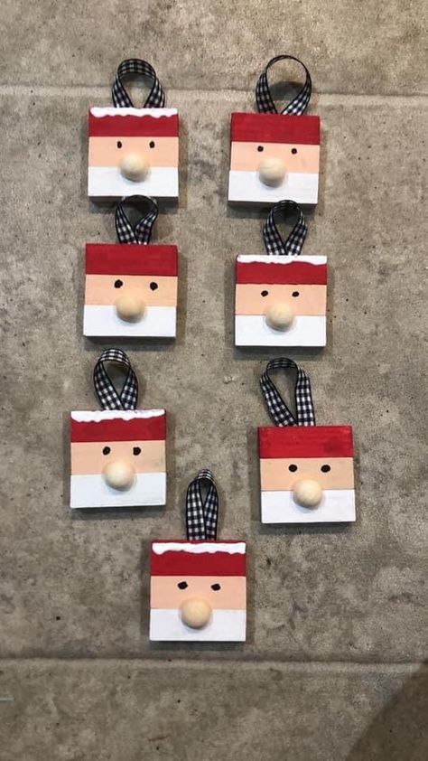 Kenya Block Ornaments, Jenga Block Santa Ornaments, Square Wooden Christmas Ornaments, Wood Square Ornaments, Wooden Christmas Decorations Wood Ornaments Easy Diy, Mini Jenga Block Crafts Christmas, Jenga Christmas Ornaments Diy, Jenga Block Ornaments Diy, Jenga Christmas Ornaments