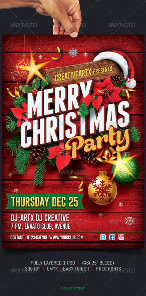 Christmas Party Flyer  #GraphicRiver         Fully layered 1 PSD  	 Fully editable  	 4×6”(.25” bleed) 300dpi  	 CMYK Print Ready  	 Free fonts link Attached   .dafont /gobold.font  .dafont /search.php?q=Bready  .dafont /search.php?q=Franchise 	 Please rate it!     Created: 6November13 GraphicsFilesIncluded: PhotoshopPSD Layered: Yes MinimumAdobeCSVersion: CS PrintDimensions: 4x6 Tags: ChristmasCelebration #Christmasandnewyearparty #Christmasposter #christmas #christmasandnewyear #christmasbash Holiday Party Flyer, New Year Flyer, Christmas Party Flyer, Christmas Party Poster, Christmas Flyer Template, Promo Flyer, Flyers Design, Christmas Flyer, New Years Poster