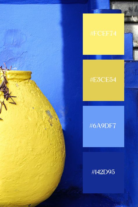 This blue and yellow palette features a striking contrast between a vibrant blue wall and a bright yellow vase, with the rough texture and natural shadows adding depth and interest to the scene. The rich blue staircase and the yellow pot create a visually dynamic composition that exudes Mediterranean charm. Colorful Brand Color Palette, Yellow Color Matching, Blue And Yellow Colour Scheme, Bright Blue And Yellow Color Palette, Bright Yellow Palette, Blue White Yellow Color Palette, Royal Blue And Yellow Color Palette, Colour Palette Yellow Blue, Yellow Colour Schemes