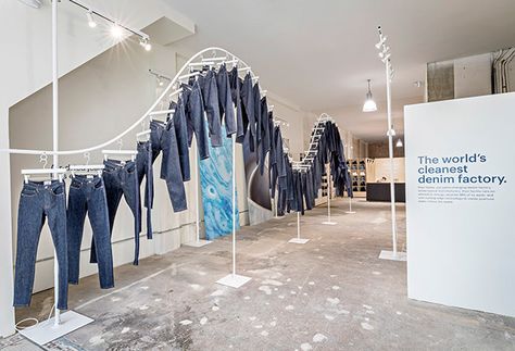 Denim Window Display, Denim Display, Cash Wrap, Clothing Store Interior, Window Display Design, Jeans Store, Clothing Displays, Seven Jeans, Showroom Interior Design